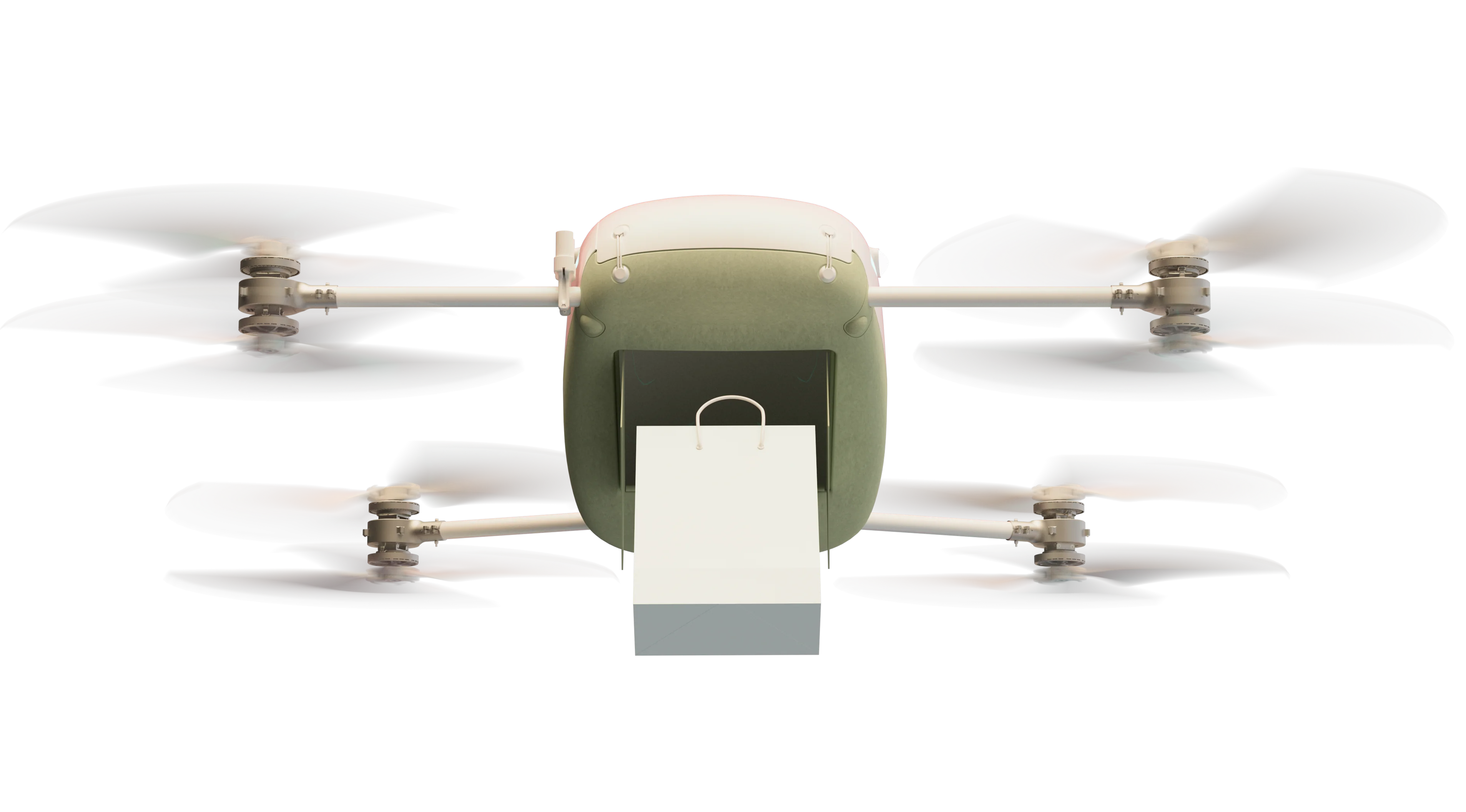 A Manna aircraft lowering a paper delivery bag on its tether