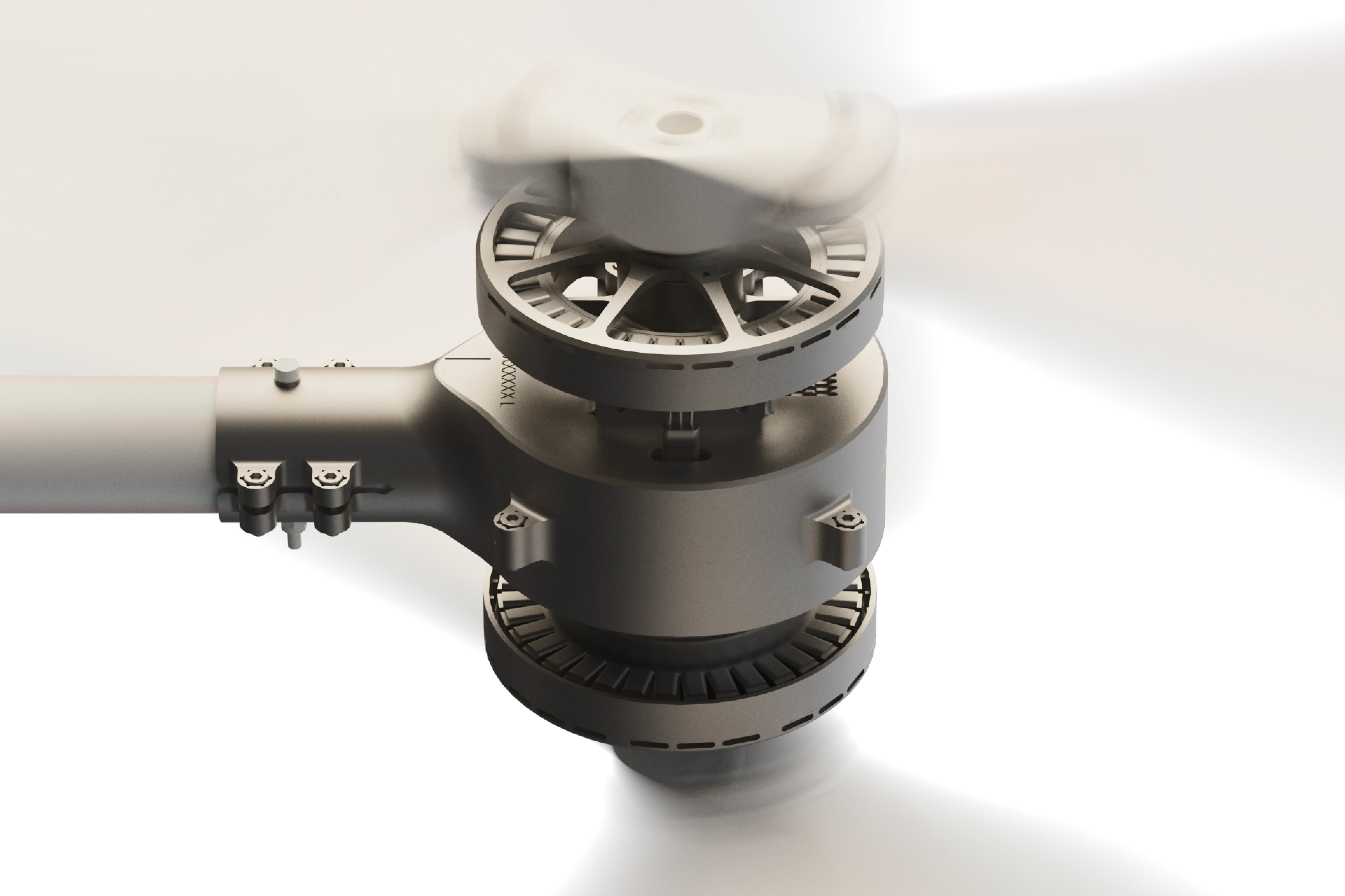A close-up render of one of the aircraft's motor pods and propeller